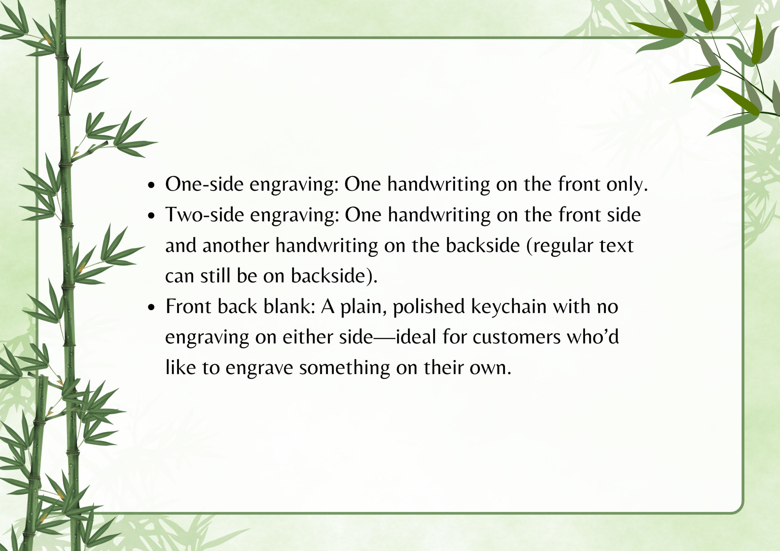 Image listing engraving options for keychains: one-side, two-side, and blank for custom engraving on a bamboo-themed background.