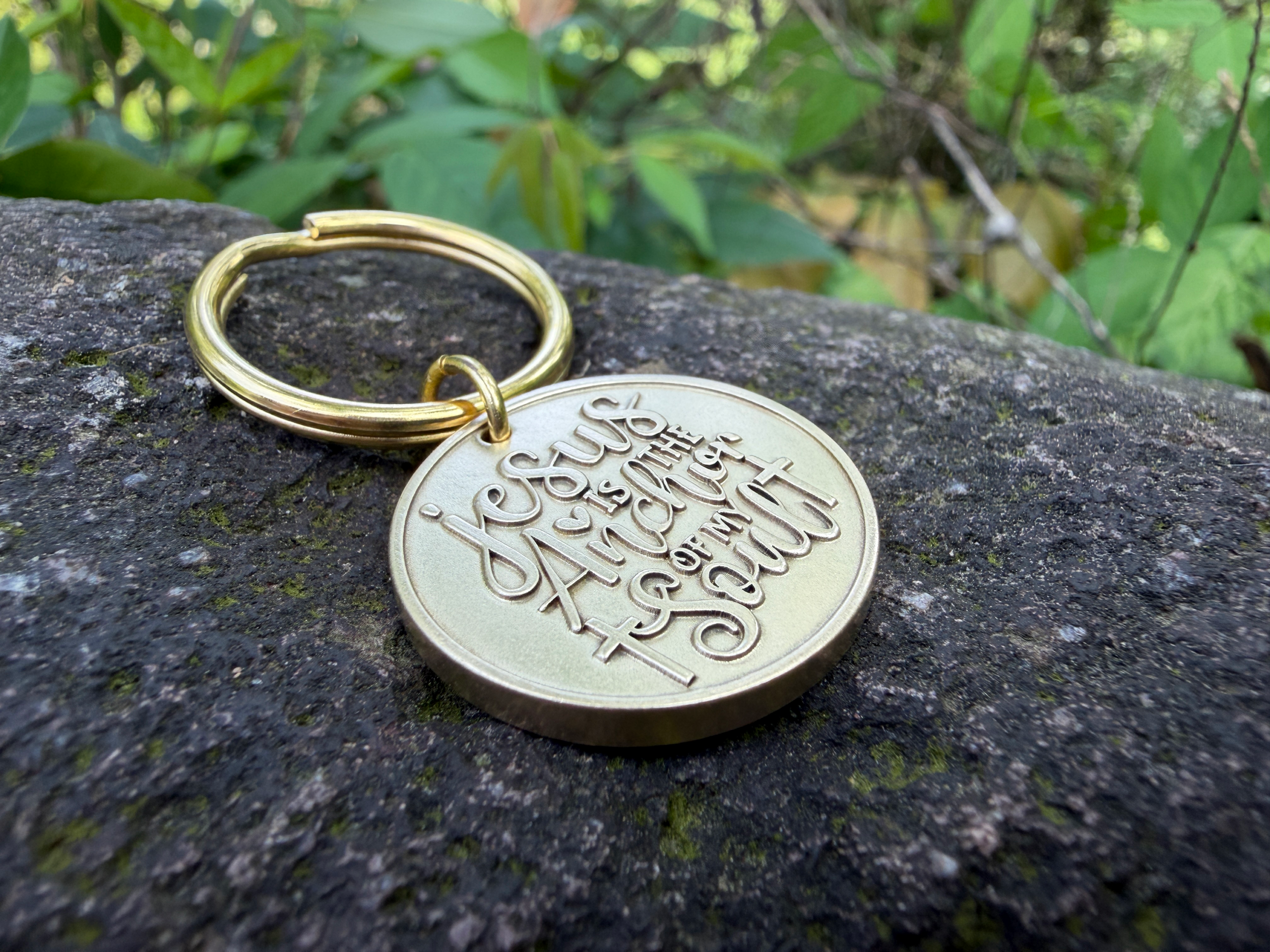 Personalized Bible Verse Keychain - Custom Engraved Christian Anchor Gift - Religious Hope Gift for Her - Jesus Encouragement Gift-6 Gold keychain on stone with engraving Jesus is the Anchor of my Soul, set against lush green foliage background.