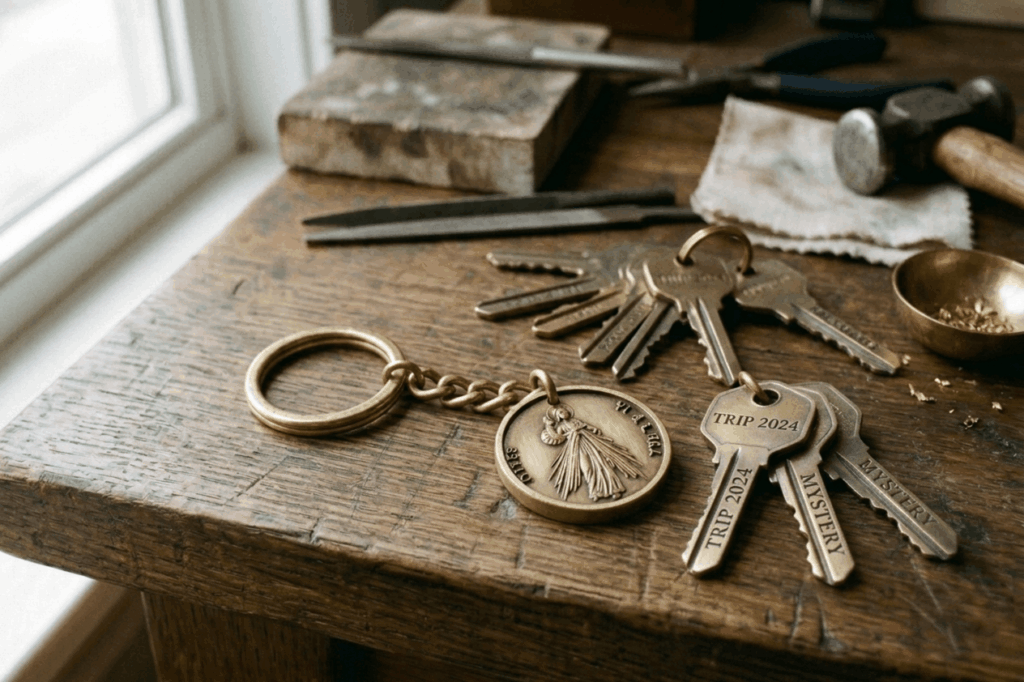 Engraved keychain with jesus design on wooden table with keys labeled TRIP 2024 and MYSTERY in a workshop setting.