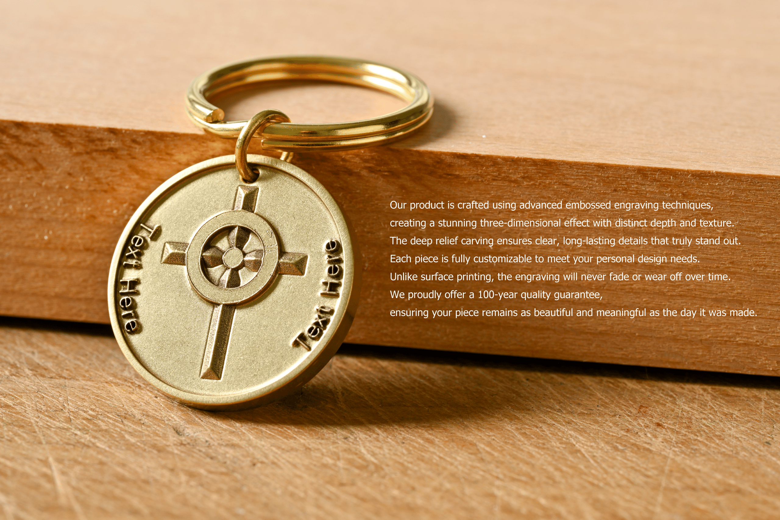 Gold keychain with a cross medallion. Text highlights embossed engraving, customization, and a 100-year guarantee