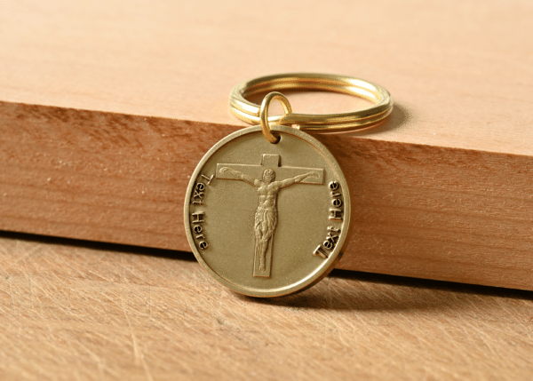 Gold circular keychain with an embossed crucifix and placeholder text on either side
