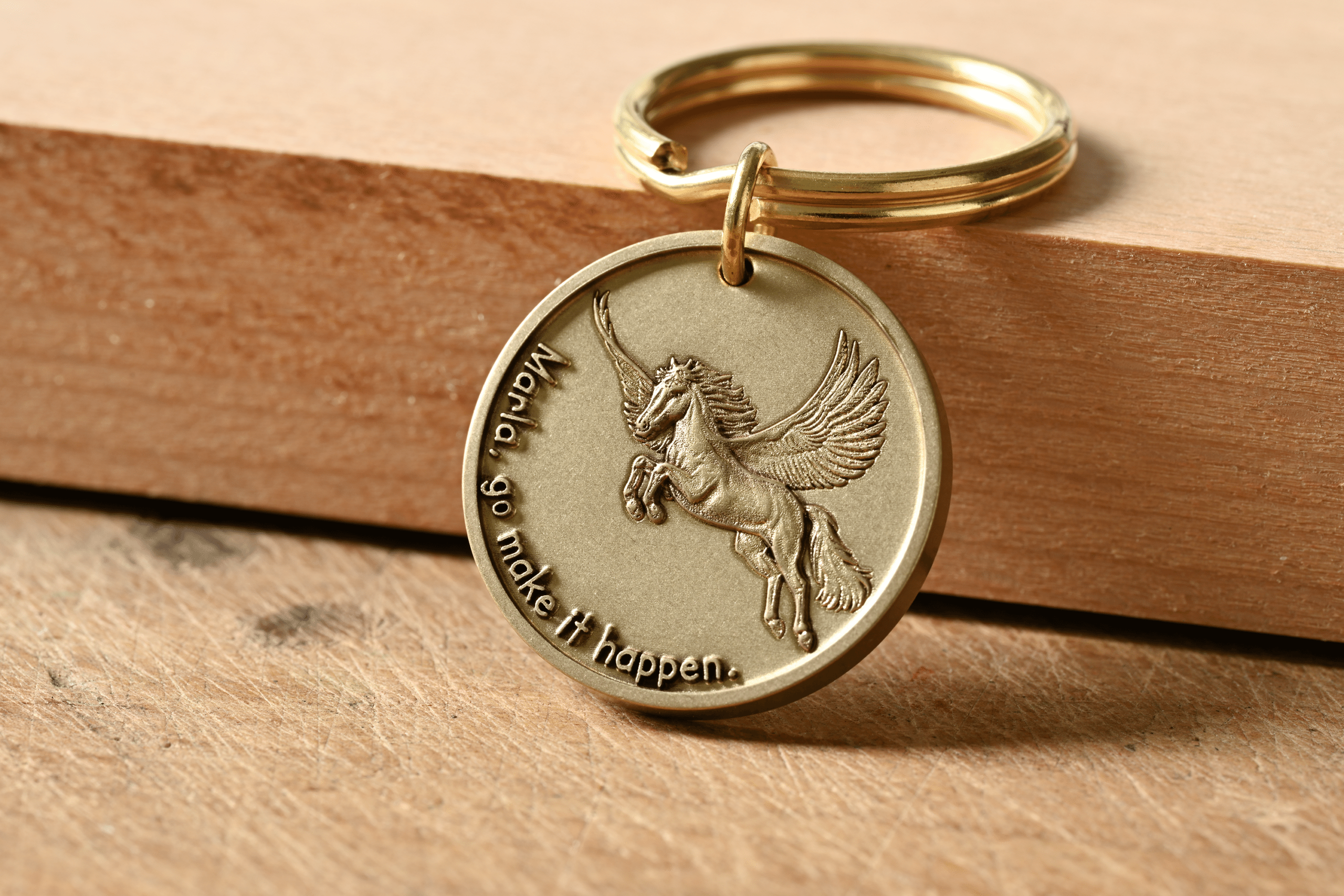 Gold circular keychain with an embossed Pegasus and the text: Marla, go make it happen