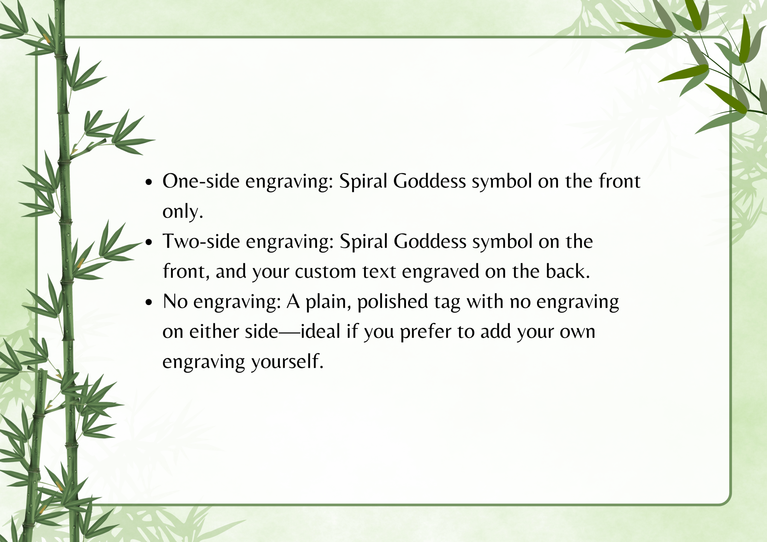 Engraving options: One-side (Spiral Goddess symbol), Two-side (Spiral Goddess and custom text), or No engraving (plain tag)