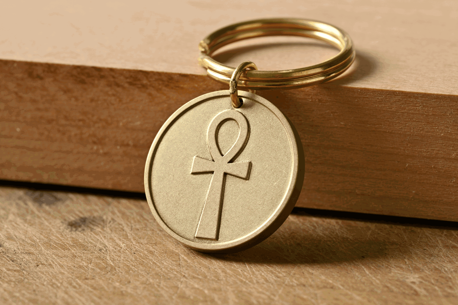 Gold brass keychain with a circular pendant featuring an Egyptian ankh symbol