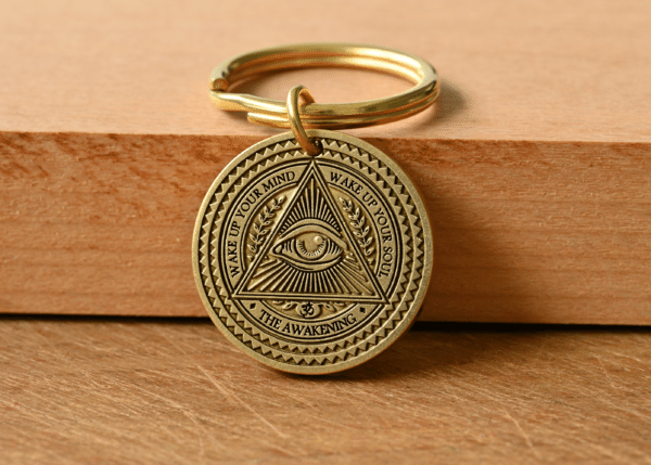 Brass medallion keychain with an Eye of Providence and engraved text: Wake Up Your Mind, Wake Up Your Soul, The Awakening