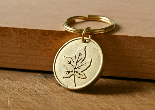 Brass keychain tag with an engraved maple leaf resting on a wooden surface
