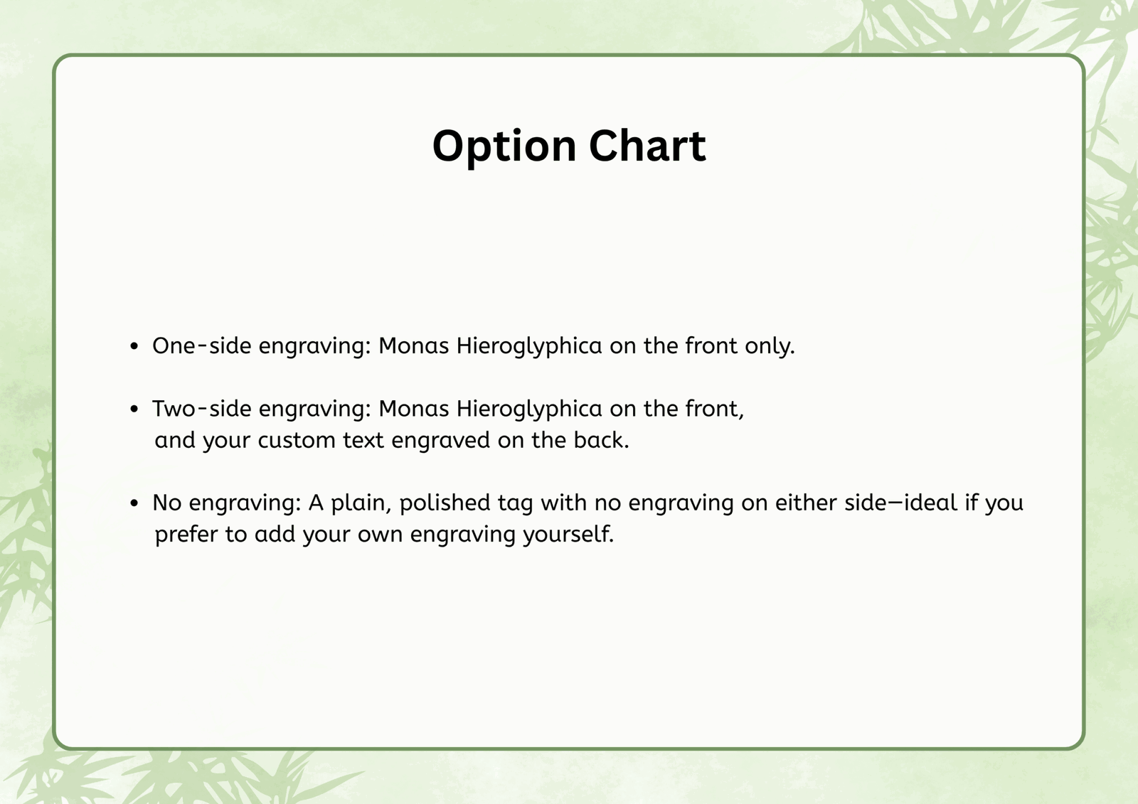 Option Chart: One-side engraving (Monas Hieroglyphica on front only), Two-side engraving (front engraving plus custom text on back), and No engraving (plain polished tag)