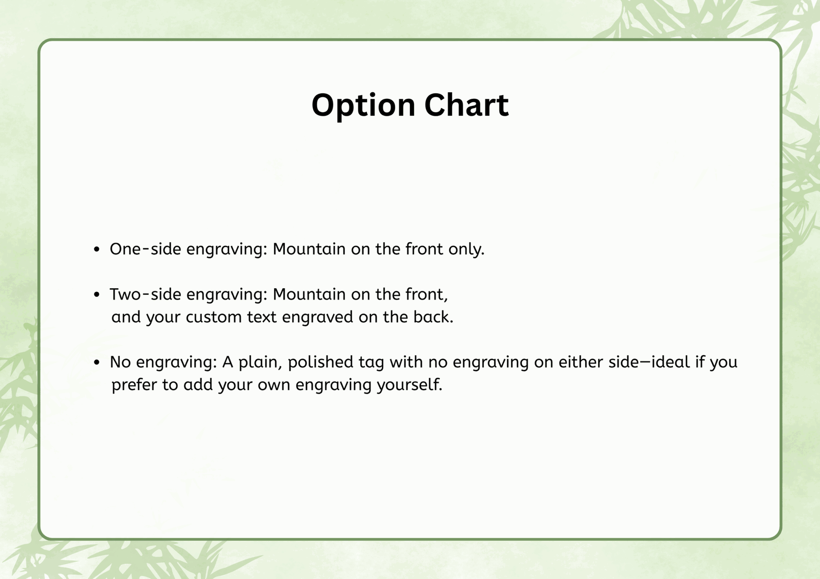 Option Chart: One-side (mountain on front), Two-side (mountain on front, custom text on back), and No engraving (plain tag)
