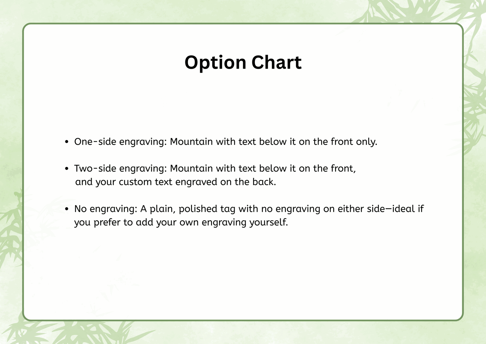 Option Chart: One-side engraving (front only), Two-side engraving (front and custom back text), and No engraving (plain tag)
