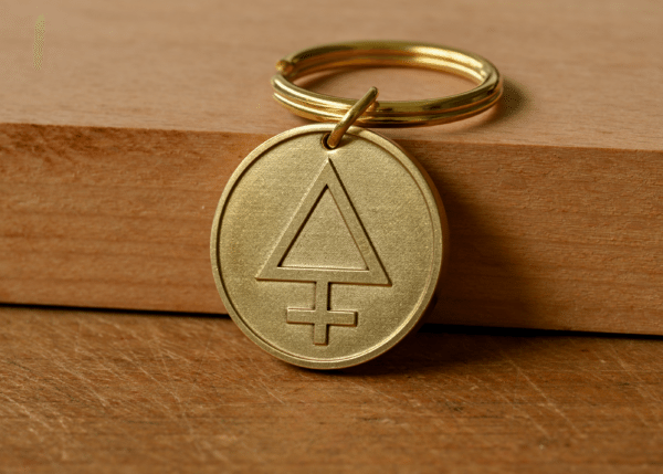 Brass keychain medallion engraved with the alchemical symbol for sulfur resting against a wooden block