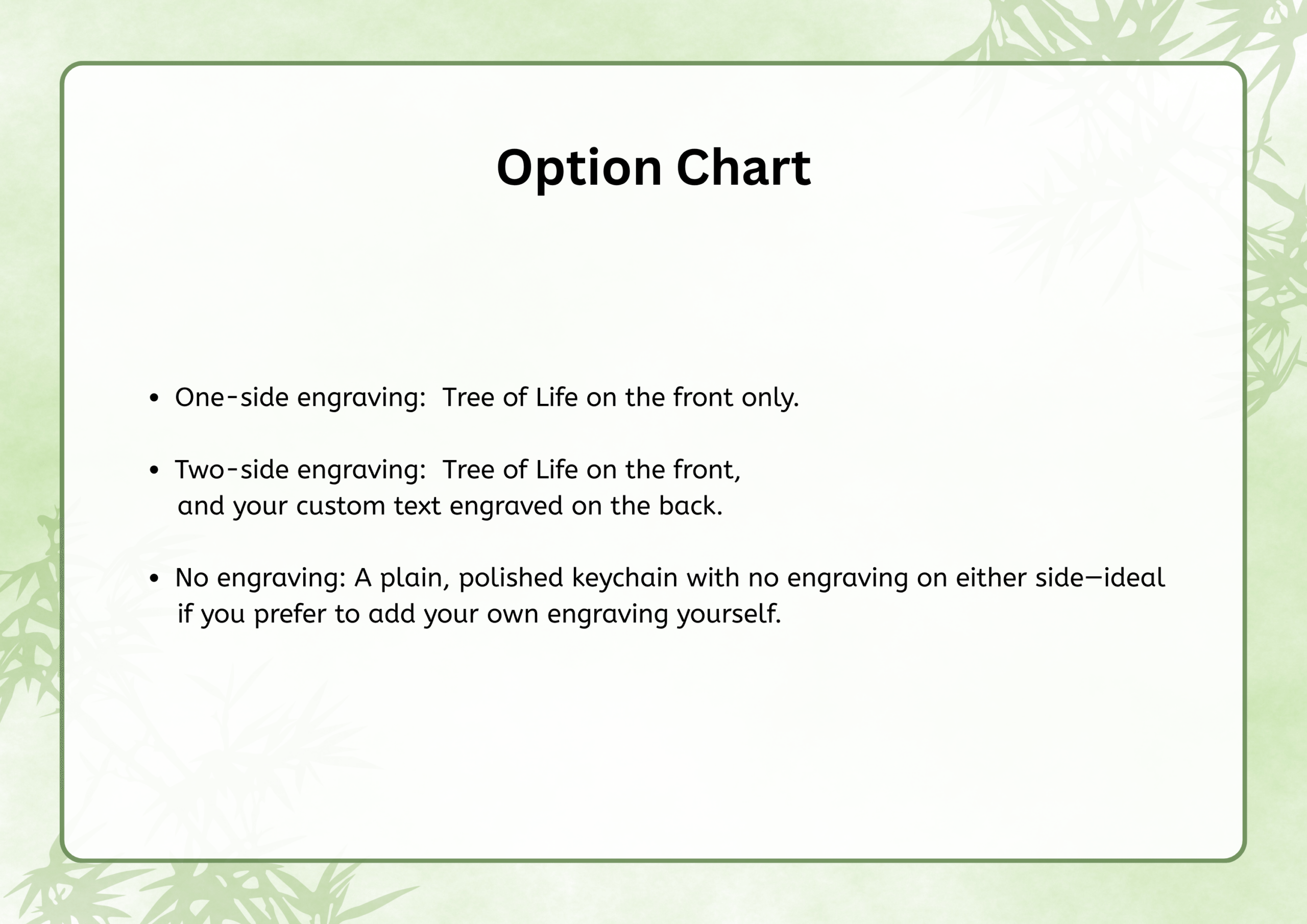 Option Chart: One-side engraving (Tree of Life on front only), Two-side engraving (Tree of Life on front, custom text on back), No engraving (plain polished keychain)