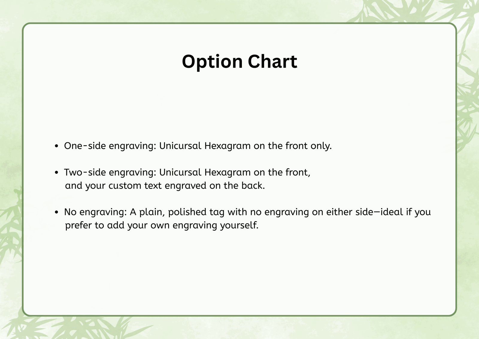 Option Chart: One-side engraving (Unicursal Hexagram on front only), Two-side engraving (hexagram on front, custom text on back), and No engraving (plain, polished tag)