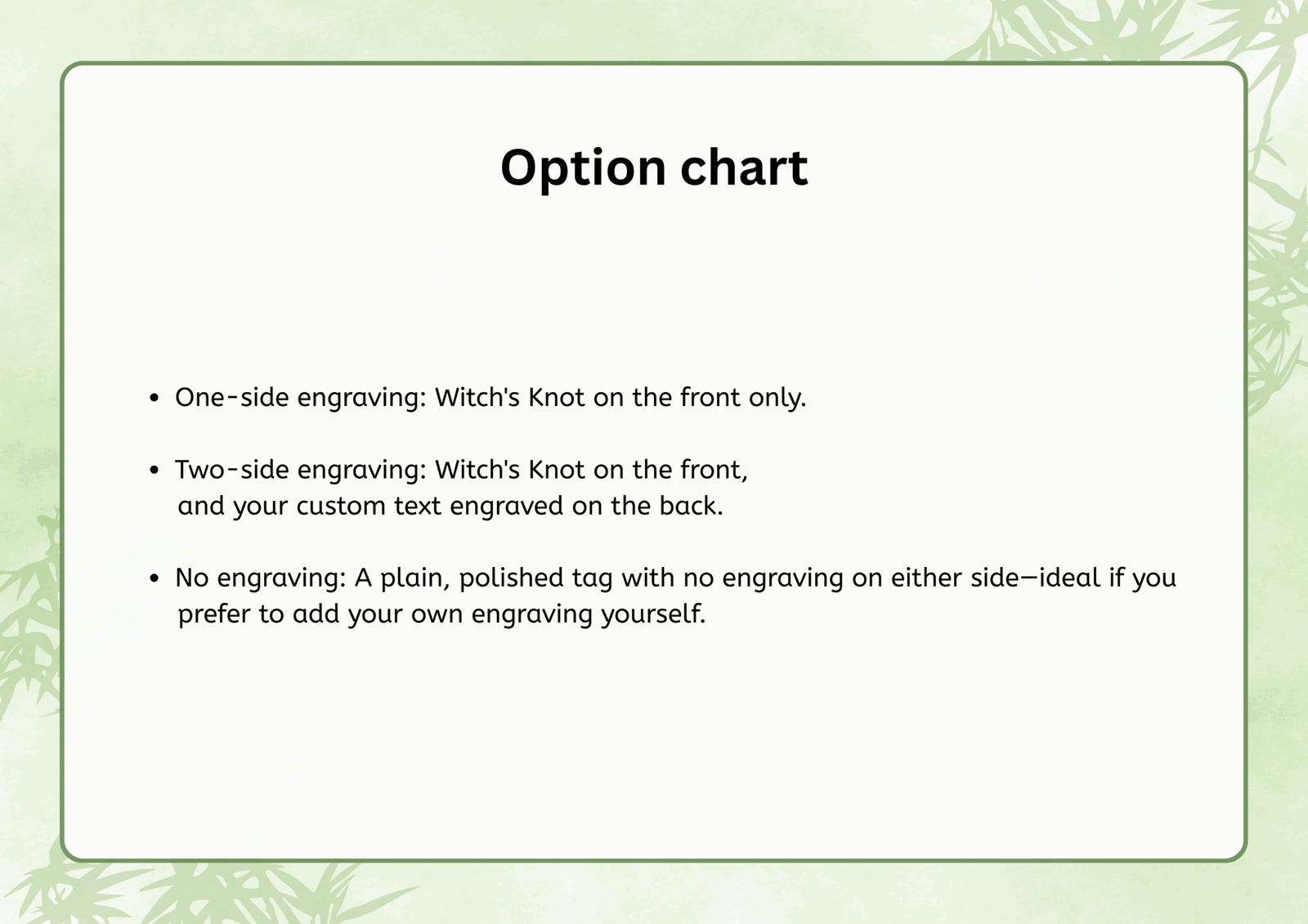 Option chart: One-side engraving has Witch's Knot on front; Two-side adds custom text on back; No engraving is a plain tag